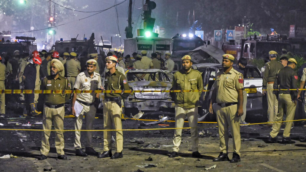 Union Home Minister Amit Shah arrives at the spot of the blast in a Hyundai i20 car near Gate No. 1 of the Red Fort Metro station, in Delhi on Monday. (Source: ANI Photo)